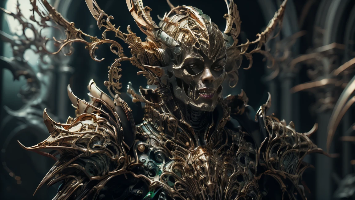 (highly detailed 8k wallpaper), Middle shot of a terrifying necromancer, greenish eyes,  futuristic skeletal armor in greenish and black with gold details, Blood coming out of the mouth , intricate,  High level of , Dramatic,