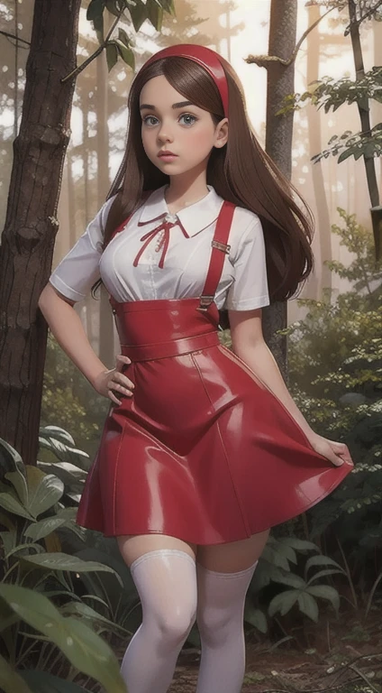   Cute young beautiful curvy schoolgirl Soviet pioneer,  beautiful cute teen face , red leather skater pinafore dress ,  transparent white blouse , brunette long hair,  beautiful eyes. stockings,  Sneakers, Soviet schoolgirl - standing in the woods ,   photorealistic , sad face, curvy figure