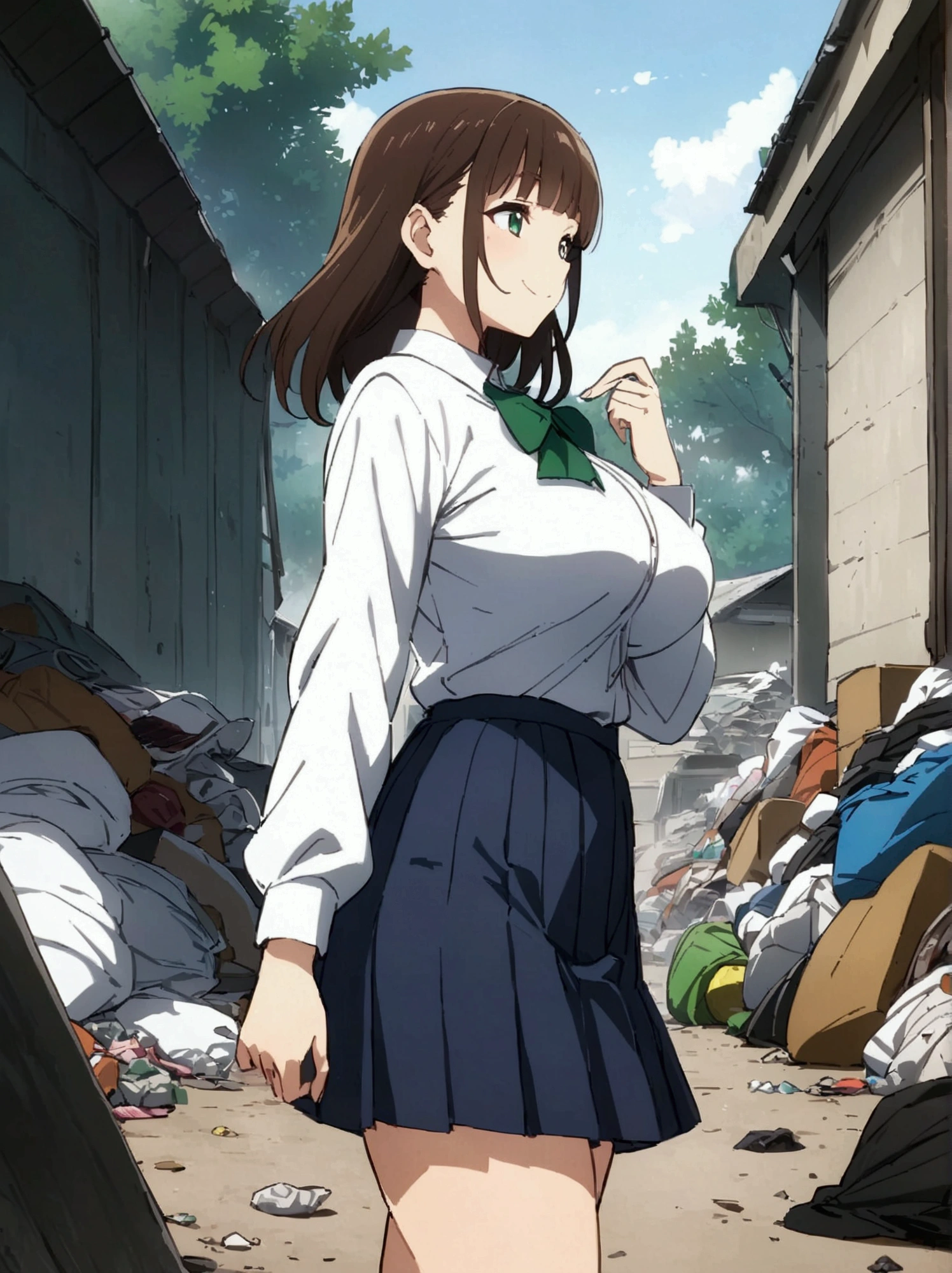  manga page 1,wide shot,One Girl,from side,smile,walk,School uniform with green ribbon,Long sleeve,White shirt,Blue mini skirt,Big Breasts,Expensive,tall,Thick thighs,Medium Hair,Brown Hair,Green Eyes,Garbage dump,Homeless,Homelessが遠くから女を観察,finely detailed 美しいface,high quality,anime,Beautiful high resolution,anime color,{{{masterpiece}}},{{{{Very fine particles}}}},{{{{Highly detailed body}}}},{{{{Highly detailed fingers}}}},