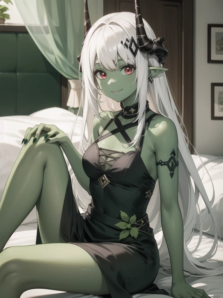 1 Girl, Miss, Mudstone (Ark of Tomorrow), Red Eyes,  alone, There is only one person， Long hair, Pointed ears, White hair,Bangs, horn， to a standing, Mudstonedefclass, HD， best quality，Skin of color，Green Skin，Sharp nails， green nails，Green Skin，Green Skin，Green Skin，Green Skin，Green Skin，Green Skin，Close-up of face，Green Skin，Black gauze dress，Sitting on the bed，Smile