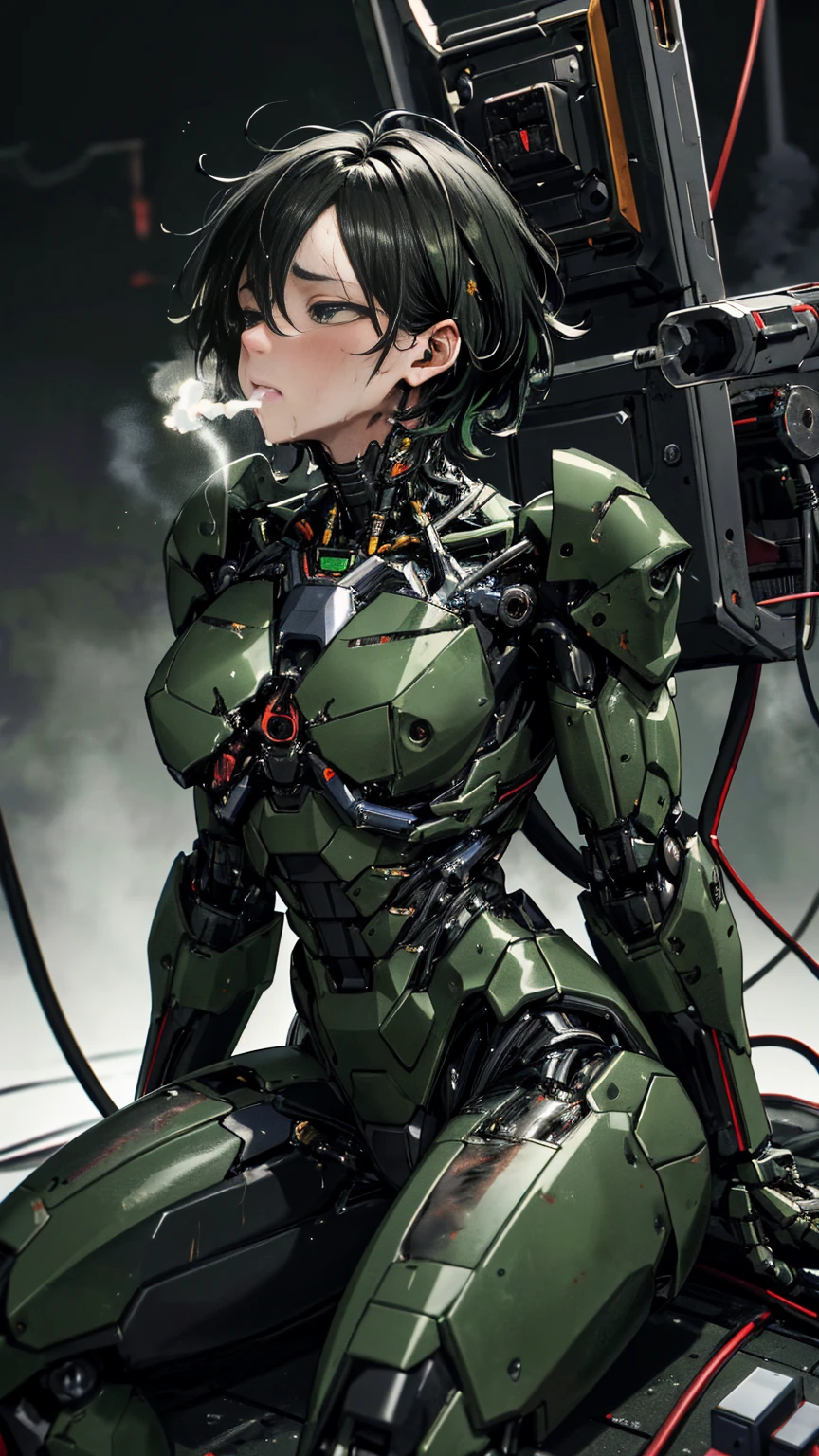 ,     very detailed ,  More Information ,    High image quality   , 最   High image quality   ,     High Resolution    , 1080P 、   smoke coming out of the wound    　Green Armor、    wearing green and black clothes   、cute((全身のSerious damage))(    injured woman in robot suit leaning against machine chair  ...)()(Broken Armor)((    cracks are spreading    ))(Black    smoke coming out of the wound    )    close one eye 　 Messy black hair   、 Peeing from the vagina　 boyish short hair、Torn Armor、    wet hair   、Close your eyes　Faint with mouth open、(Steam coming from the body)Sweaty face、Severe pain、Serious damage、saliva splashes out of her mouth 、saliva dripping from the mouth、 Female adult 　　首のあたりが露出していない   injured woman in robot suit leaning against machine chair   　(  steam coming out of her face  ) (( black   smoke coming out of the wound    ))  saliva　( I can see the vagina )   　The chest is exposed　 Cure Dengeki　Look up　 back view 　Black smoke from her butt 　 mechanical vertebrae attached to the back )),((The cervical spine is mechanically attached to the neck )),((Sitting)),Feel the expression,(Wires and cables connecting the head and torso:1.5)