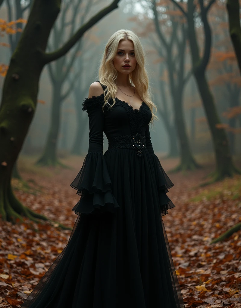 teenage evil witch with dark magic.  She has blonde hair and sky blue eyes. Thin black lips curled into a smile. She is wearing a black goth dress. She is attacking Harry Potter with her summoned demons. Lots of blood and gore.