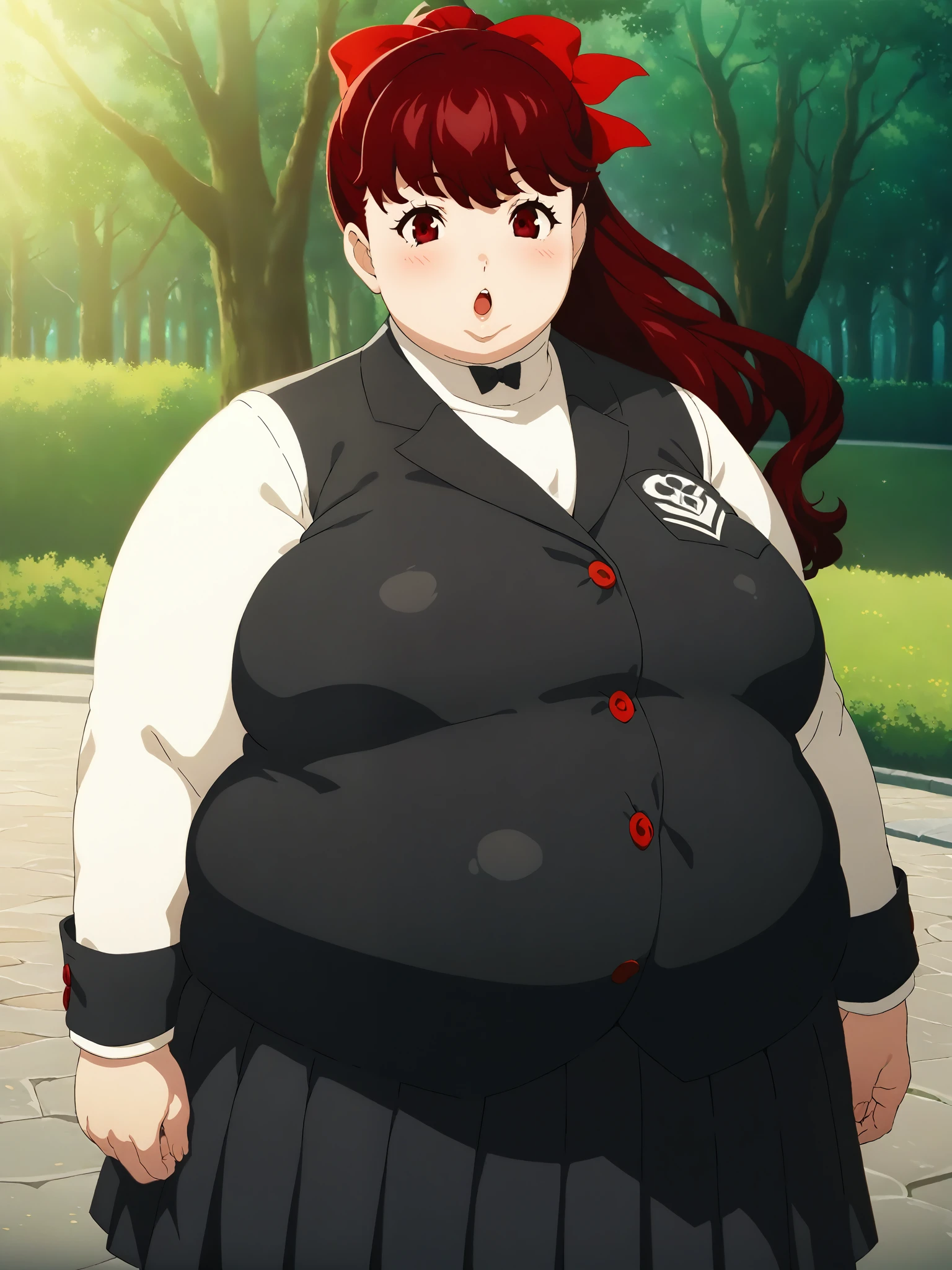 dskasumi, red hair, long hair, ponytail, red eyes, hair bow, shuujin academy uniform, school uniform, blazer, pleated skirt, 1girl, solo
BREAK
outdoors, park, trees, dappled sunlight, depth of field, cinematic, game cg, anime screencap, official art, masterpiece, best quality, fat, chubby, obese
