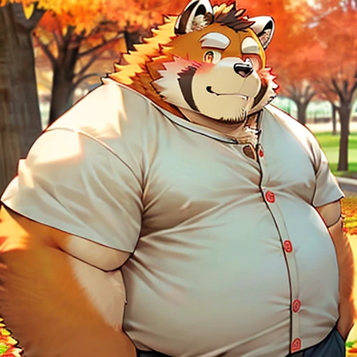 ((masterpiece)),((high quality)), kemono art , kemono art , Full body photo, Boy anime style, Full body images, Hairy characters, kemono art , obese red panda, a Full body images, he's a very obese high school student (autumn、The night when the leaves turn red after turning red)、( Halloween 、halloween)