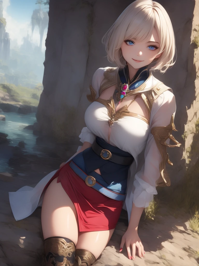 masterpiece, best quality, absurdres, perfect anatomy, (1girl, solo), Ashelia, short hair, AsheliaOutfit, miniskirt, thighhighs, jewelry, belt, standing, cowboy shot, smile, dynamic pose, dynamic angle, outdoors, plains, hills, (sitting, spreading legs by hands), spread crotch by hands, spread_pussy, (spreading pussy by hands)