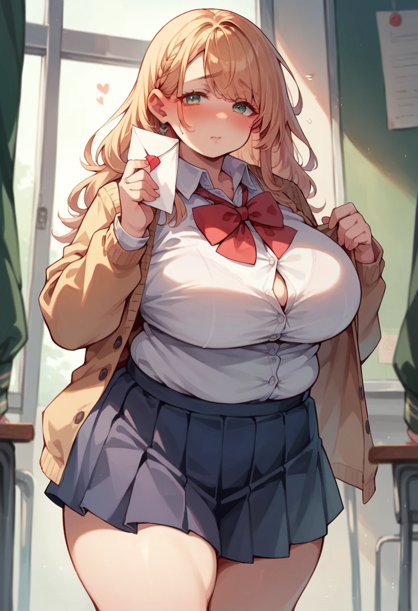 Best quality, solo mature woman, giant breasts, giant ass, very curvy, tanned skin, dyed curly blonde hair, vibrant green eyes, full lips, seductive, smiling, wet school girl uniform, school girl skirt, silver hoops, hibiscus flower, bimbo, thick thighs, curvy physique,