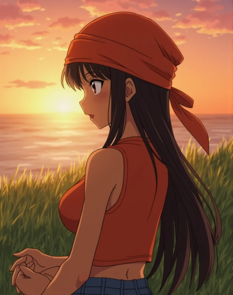 Best Quality, Masterpiece, ultra high resolution, Those_Anime-Series,Anime-Series screencap, 
pangt, 1 girl, bangs, Blush, Grass,  black hair ,  sunset, Watching the  sunset, beach in open sea  sunset, sun, collarbone,  whole body , Teeth, blunt bangs, outdoors, Black eyes, Eyelashes, hochper Teeth only,  red crop top , bandana, retro artStil, , 1990s \(Stil\),  orange head covering , medium ass, Breasts, Embarrassing,indoors, bed, sucking penis, Blowjob, throw, sex, (Dark skinned guy)