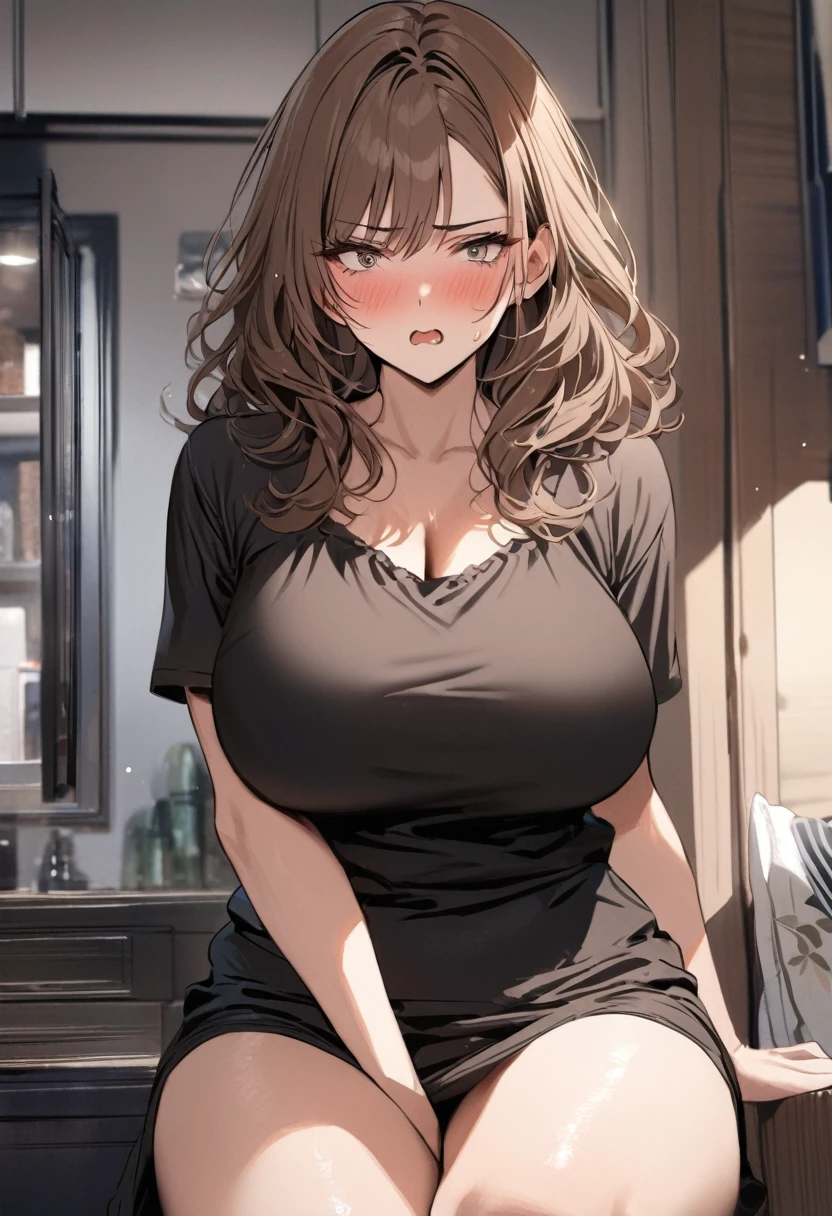 (( best quality)), ((masterpiece)), ( Details), (1 girl), sexy,  with bright brown hair and a 120cm bust,  wavy hair ,  mature women, Watery-eyed mother, living, Scream in anger, black top in casual fashion, Blushing and glaring, Rocket Boobs