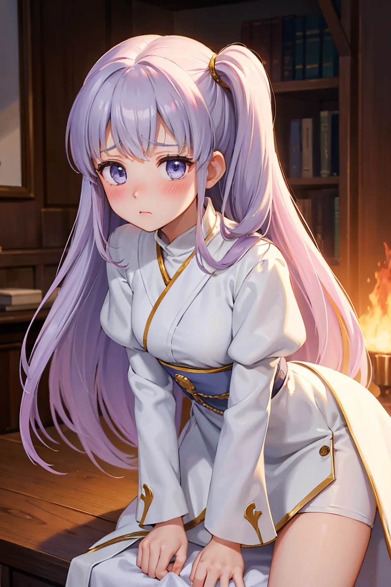 masterpiece, Best Quality,  so delicate and beautiful、 High Resolution 、 marisha/Fire Emblem、Slim figure、((blush))、 troubled face、 white robe 、Leaning forward、Looking up、