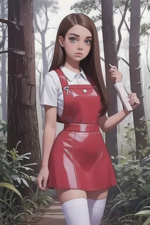   Cute teen beautiful curvy schoolgirl ,  beautiful cute teen face , red leather skater pinafore dress ,  transparent white blouse, short sleeves , brunette long hair,  beautiful eyes. stockings,  Sneakers,  schoolgirl - standing in the woods ,   photorealistic , sad face, skater pinafore