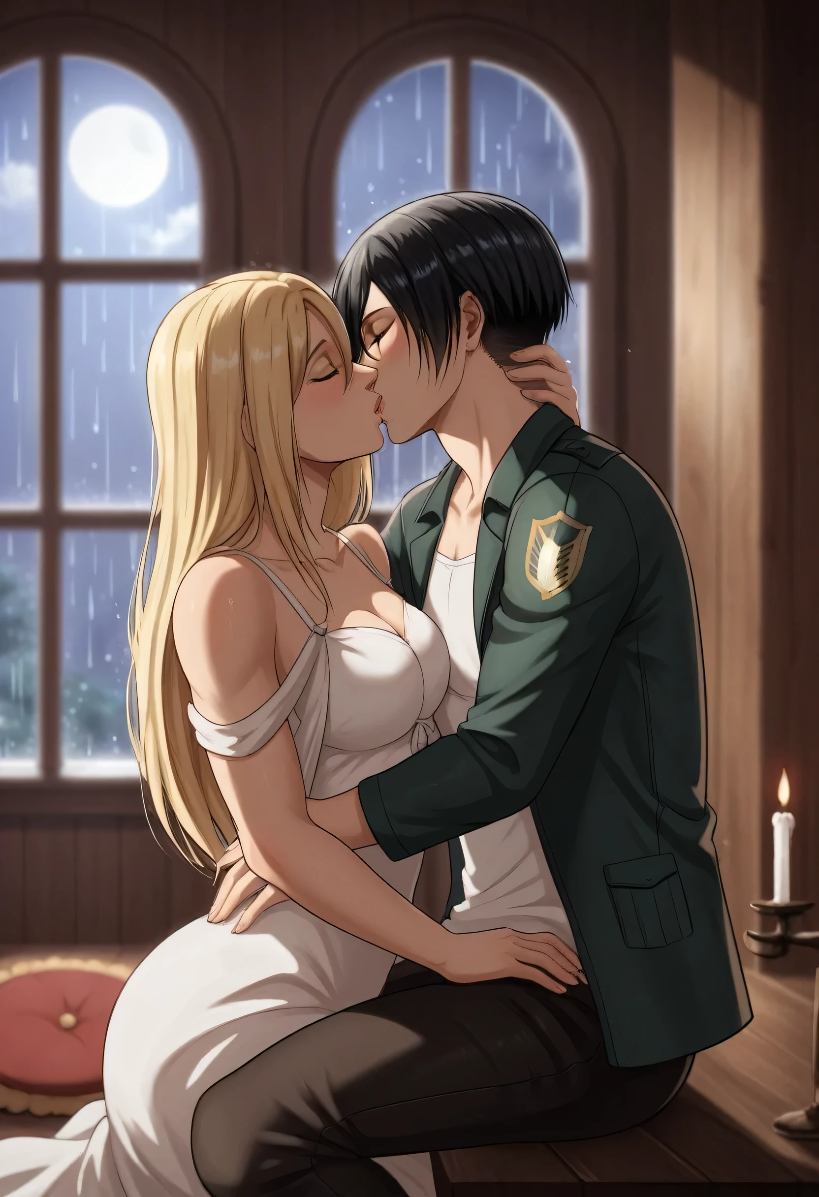 score_9, score_8_up, score_7_up, BREAK source_anime, historia reiss, blue eyes, blonde hair, long hair, medium breasts, long white dress sleeveless,female black hair soldier hugs historia,Mikasa with historia hugs,mikasa wreanig open green jacket and black combat pants,Mikasa female with short hair,mikasa female medium breasts,eyes closed,in night,moon in sky,mikasa final season,mikasa,Mikasa hugs historia،mikasa femboy,mikasa final season,historia blonde hair,hugs and kissing,mikasa carrying historia and kissing her,Mikasa lifts Historia up and kisses her.in middle night,raining outside,mikasa final season,girls kissing,girl×girl,lesbians,yuri,romantic wallpapers,historia sitting on mikasa and kissing her,Mikasa in both hands touch historia ass, raining outside the room,mikasa final season design,character's from season 4,historia enjoyed while kissing mikasa, both,one of Historia hands touch mikasa abs,romantic kissing,mikasa pixie cut hairstyle,Serious love,inside room,dark room,candle light in room,HD WALLPAPER,perfect colors,Shining on character's hair,Shining body's,Matching remix,mikasa with sexy six-pack,fantastic color of room and character's,soo white skins if character's 