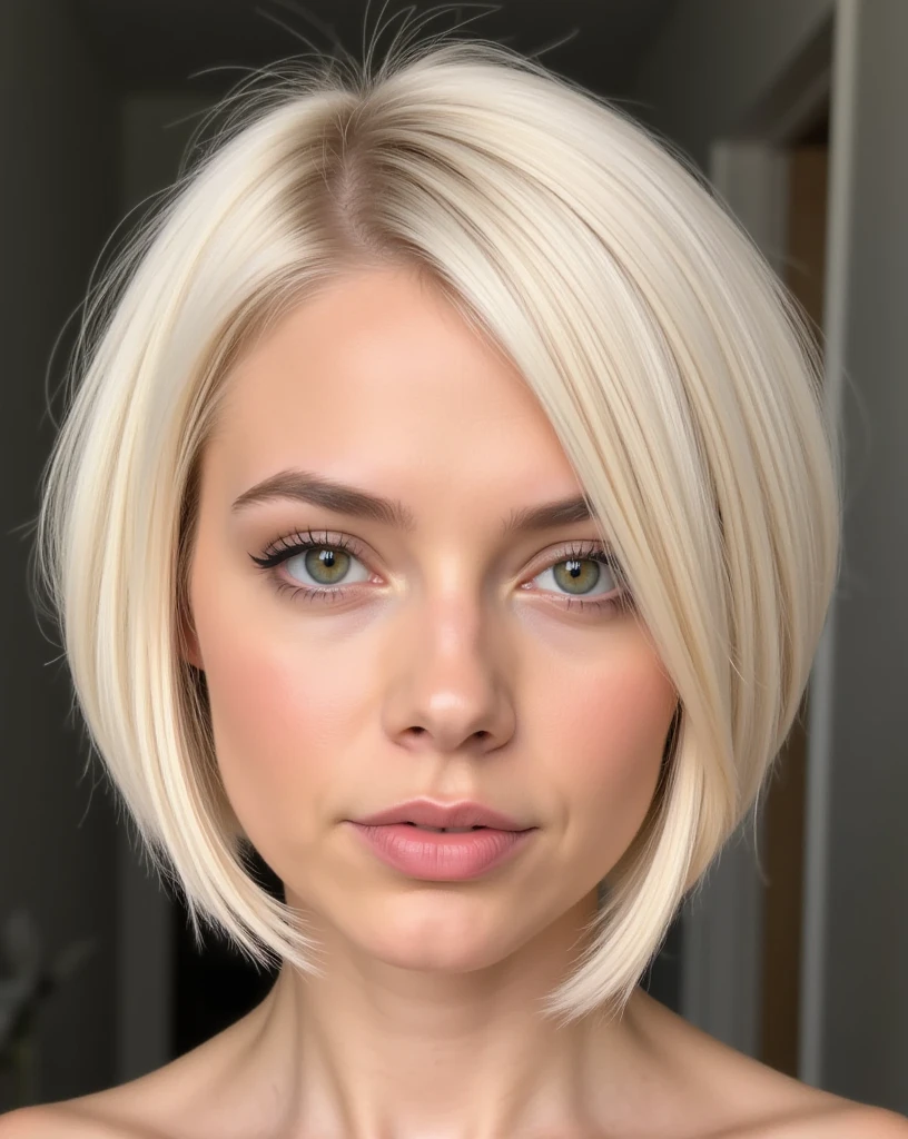 Portrait of a young woman with an elegant and asymmetrical platinum blond bob ((very short straight cut to the mouth)). Deep side part positioned very to the left, creating a dramatic hairline on the forehead.
The features of the face are surprising, with arched eyebrows, hazel eyes enhanced by long eyelashes and full lips and slightly divided. The makeup is natural and bright, with a soft blush on the cheeks and a nude pink color of the lip.