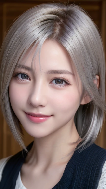 a cute ultra young japanese girl, extremely detailed face, NO makeup,beautiful eyes with long eyelashes, charming eyes,dropped eyes,small delicate nose, lovely smiling lips, (short silver hair:1.5), (porcelain white skin, wearing a lacy one-piece dress, slender figure:1.25), (best quality,4k,8k,highres,masterpiece:1.2),ultra-detailed,(realistic,photorealistic,photo-realistic:1.37),HDR,UHD,studio lighting,ultra-fine painting,sharp focus,physically-based rendering,extreme detail description,professional,vivid colors,bokeh,portraits,soft pastel colors,natural lighting,cinematic composition
