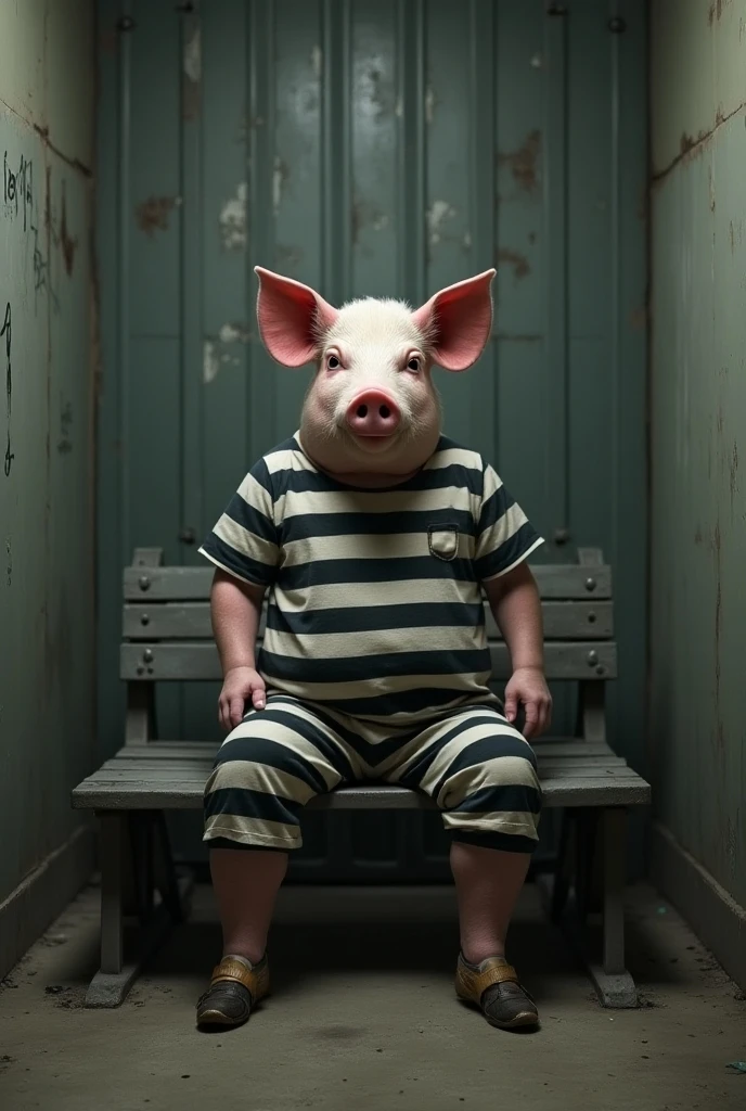 A horrible humanoid pig creature, grotesquely obese, very obese,
He is holding a rusty chainsaw with both hands. Her skin is pale, it is full of scars and open wounds, her skin is full of cuts on her torso and legs,
Her eyes were filled with terrifying madness.
The creature is naked, it has a huge penis between its legs,
except for the bandages wrapped around his wrists and ankles.
The setting is a dark and dirty hallway. The hallway floor is stained with feces and urine around him.