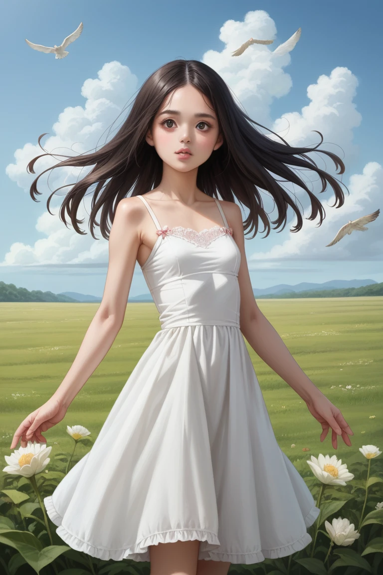 score_9, score_8_Excellent, score_7_Excellent, Realistic:1.5, realistic face and eyes:1.6, Realistic skin:1.7, Realistic, masterpiece,  best quality,  Realisticな顔と目, Realisticな肌, girl,  Japanese女性,  Japanese, Japanese women, Beauty, 超Beauty, Well-formed face,  21 years old, Big Eyes, Small Nose, Long black hair, Slender, Long limbs,  Hair Fluttering in the Wind , One-piece dress, Clothes fluttering in the wind, blue sky, Grassland Background,  High Resolution , photograph_Light, Detailed face, Detailed eyes, Detailed skin, 