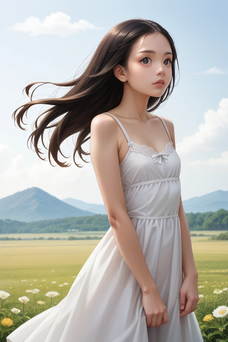 score_9, score_8_Excellent, score_7_Excellent, Realistic:1.5, realistic face and eyes:1.6, Realistic skin:1.7, Realistic, masterpiece,  best quality,  Realisticな顔と目, Realisticな肌, girl,  Japanese女性,  Japanese, Japanese women, Beauty, 超Beauty, Well-formed face,  21 years old, Big Eyes, Small Nose, Long black hair, Slender, Long limbs,  Hair Fluttering in the Wind , One-piece dress, Clothes fluttering in the wind, blue sky, Grassland Background,  High Resolution , photograph_Light, Detailed face, Detailed eyes, Detailed skin, 