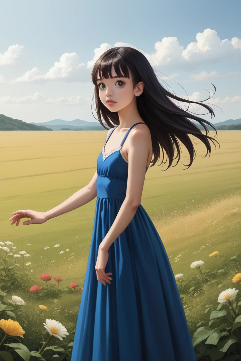 score_9, score_8_Excellent, score_7_Excellent, Realistic:1.5, realistic face and eyes:1.6, Realistic skin:1.7, Realistic, masterpiece,  best quality,  Realisticな顔と目, Realisticな肌, girl,  Japanese女性,  Japanese, Japanese women, Beauty, 超Beauty, Well-formed face,  21 years old, Big Eyes, Small Nose, Long black hair, Slender, Long limbs,  Hair Fluttering in the Wind , One-piece dress, Clothes fluttering in the wind, blue sky, Grassland Background,  High Resolution , photograph_Light, Detailed face, Detailed eyes, Detailed skin, 