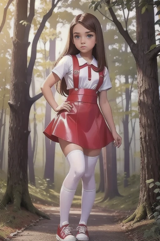   Cute teen beautiful curvy schoolgirl ,  beautiful cute teen face , red leather skater pinafore dress ,  transparent white blouse, short sleeves , brunette long hair,  beautiful eyes. stockings,  Sneakers,  schoolgirl - standing in the woods ,   photorealistic , sad face, skater pinafore