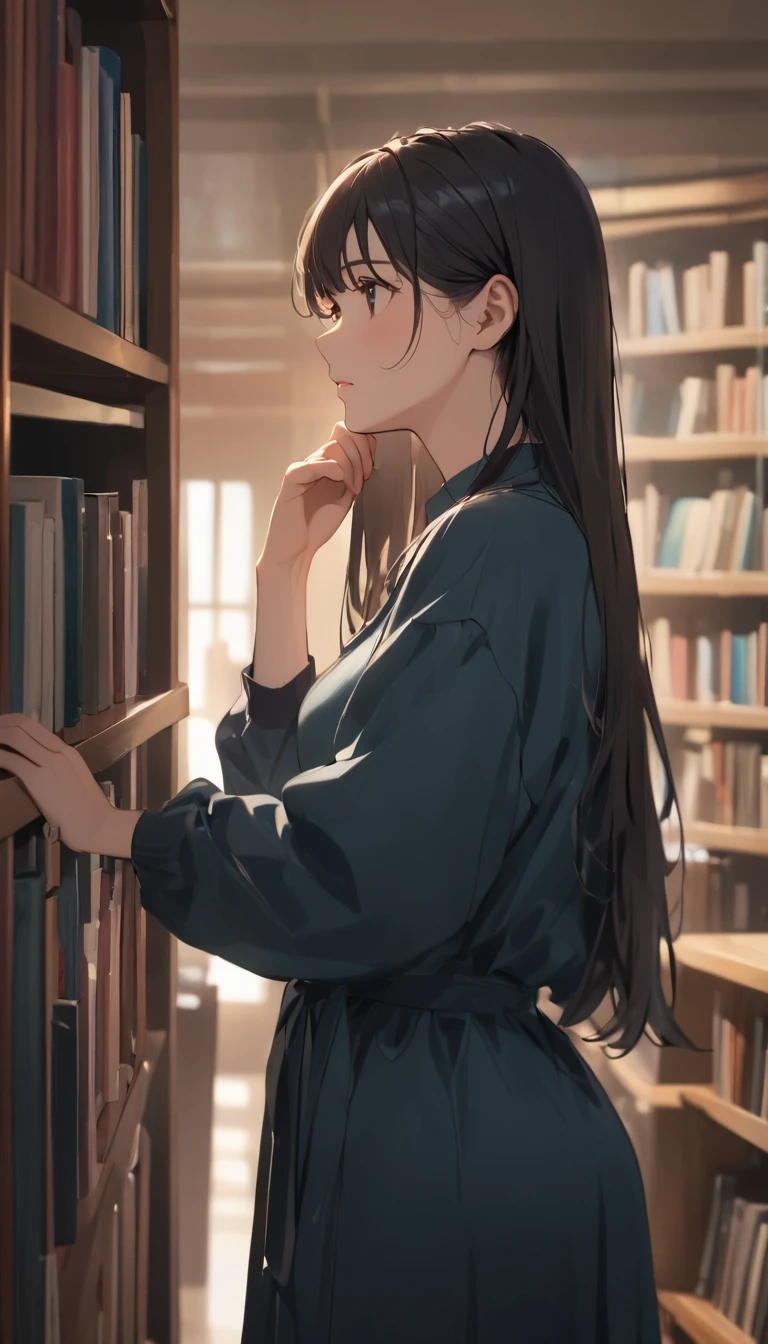 (masterpiece), One Girl, long hair, Black Hair, A woman standing by a bookshelf, looking disappointed, while someone helps her search for a book