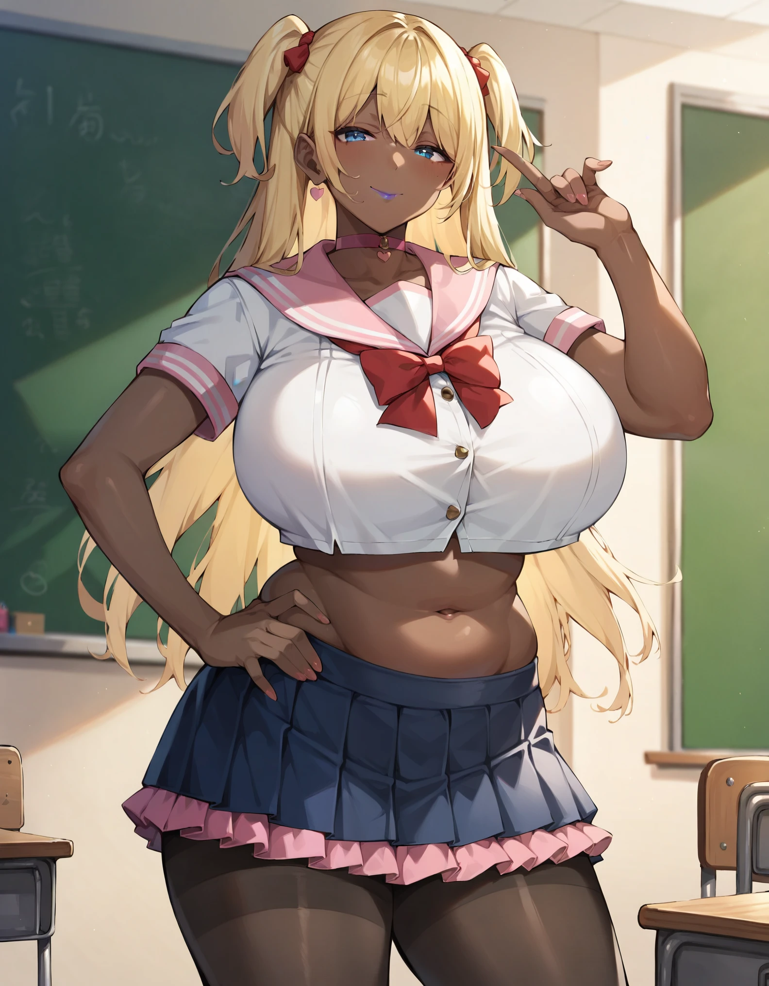 masterpiece, score_9_up, score_8_up, score_7_up, 1girl, milf, solo, (dark skin, black skin:1.8), plump, (huge breasts), (((blonde hair), long hair, bangs, two side up, blue eyes, half-closed eyes)), purple lips, ((choker, seifuku, pink sailor collar, crop top, navel, mini skirt, frilled skirt, pantyhose)), ((light smile), closed mouth), ((hand on own hip, classroom))