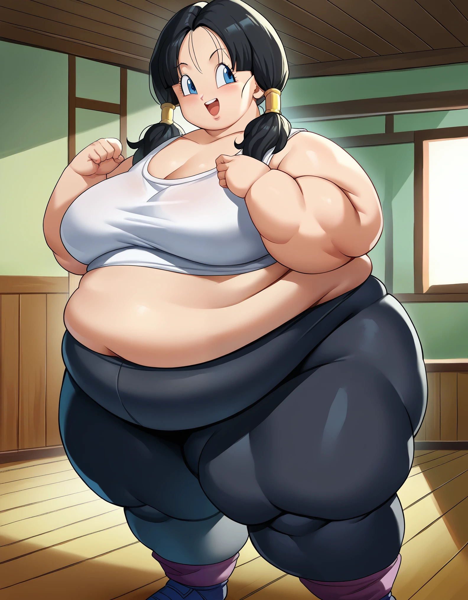 score_9, score_8_up, score_7_up, source_anime,
videl, videl, black hair, blue eyes, eyelashes, parted bangs, twintails,
bike shorts, black legwear, collarbone, white crop top,
indoors, dojo, cowboy shot, dutch angle, open mouth, fat, chubby, obese, full body shot, smile, hypnotized 