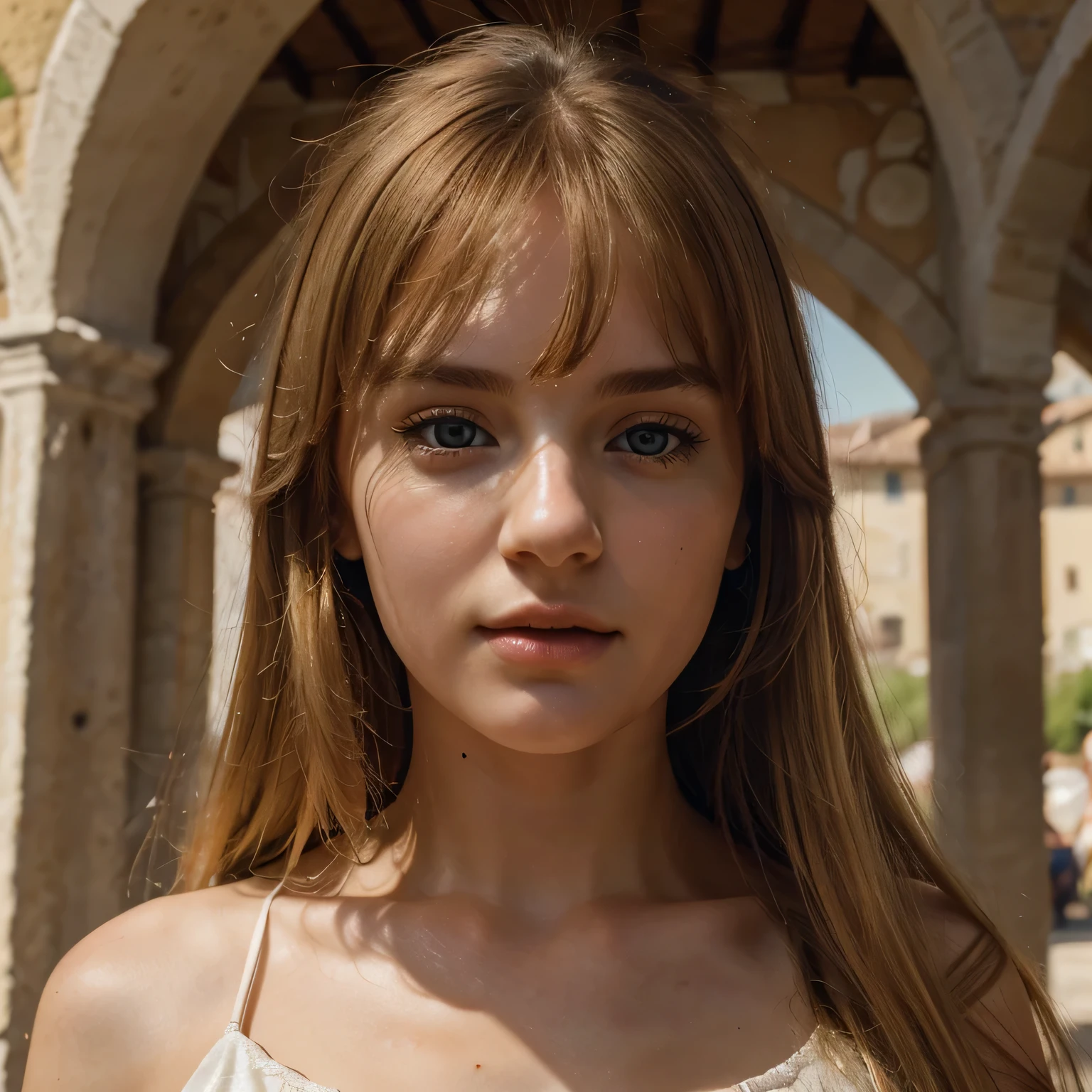 (realistic, photo-realistic:1.4),(8k, RAW photo, best quality, masterpiece:1.2), cute, ultra-detailed,heart-shaped pupils, physically-based rendering, ultra high res, kodakvision color, shot on Arricam LT Camera, bokeh, sharp focus, looking at viewer, photorealistic,realistic, solo, photorealistic, best quality,extremely detailed face,extremely detailed eyes and face, (blond girl,) clear eyes, beautiful detailed eyes,absurdres, incredibly absurdres,(haunting smile),Messy hair, floating hair, round clear big eyes, clear big eyes, moist red lips, sweet, girl, Helen of Troy in her palace, strawberry blonde ancient greek hair style, (fulll body shot), standing on the grass, sunny day, wearing an ancient greek royal dress, (wearing a full set of ancient greek jewelry:1.2),
