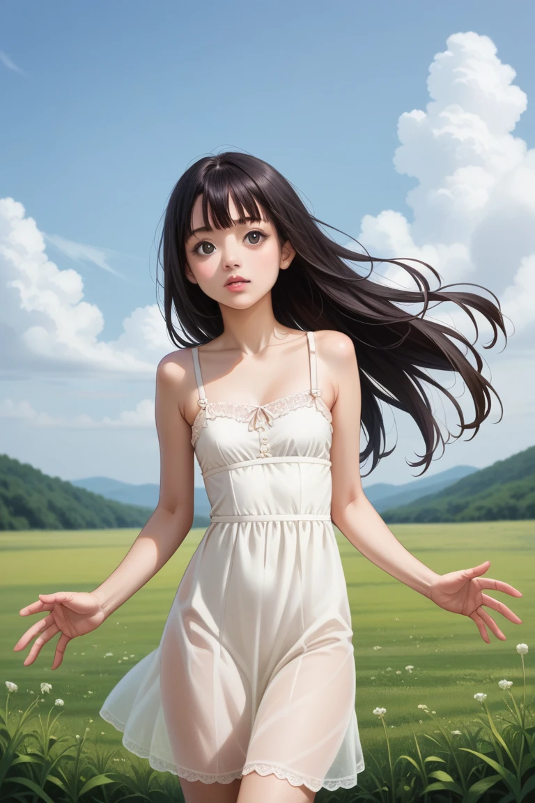 score_9, score_8_Excellent, score_7_Excellent, Realistic:1.5, realistic face and eyes:1.6, Realistic skin:1.7, Realistic, masterpiece,  best quality,  Realisticな顔と目, Realisticな肌, girl,  Japanese女性,  Japanese, Japanese women, Beauty, 超Beauty, Well-formed face,  21 years old, Big Eyes, Small Nose, Long black hair, Slender, Long limbs,  Hair Fluttering in the Wind , One-piece dress, Clothes fluttering in the wind, blue sky, Grassland Background,  High Resolution , photograph_Light, Detailed face, Detailed eyes, Detailed skin, 