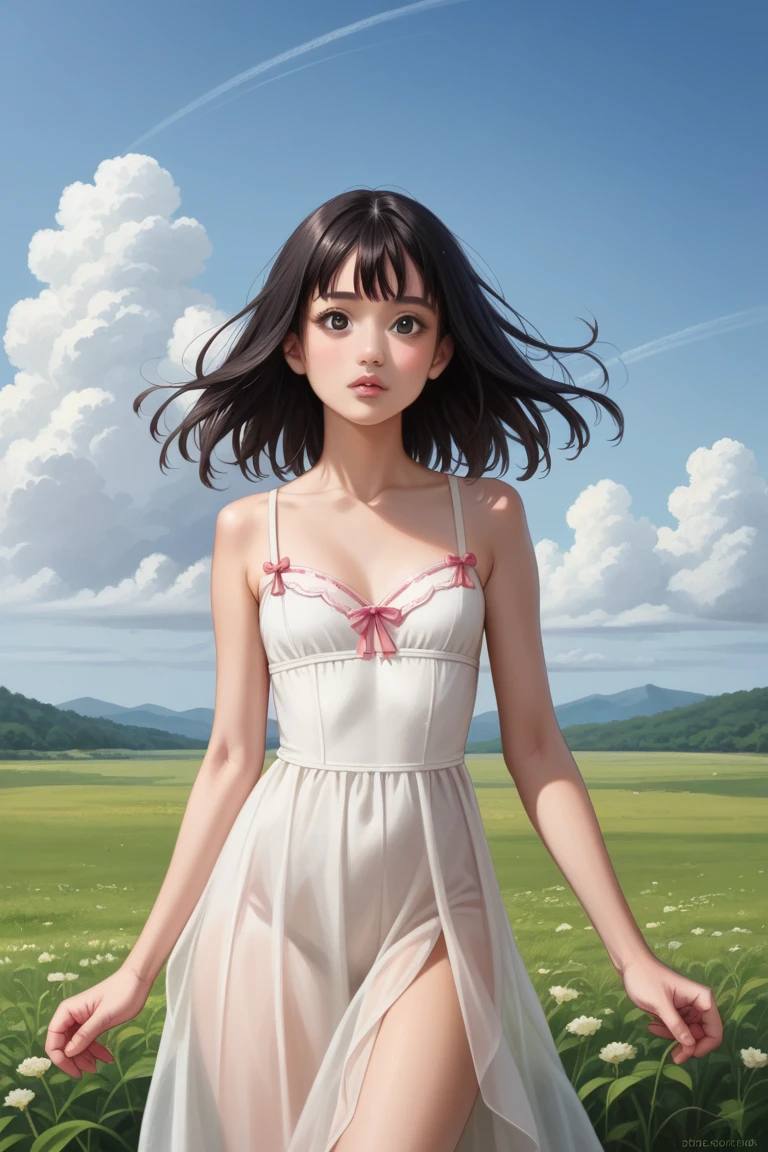 score_9, score_8_Excellent, score_7_Excellent, Realistic:1.5, realistic face and eyes:1.6, Realistic skin:1.7, Realistic, masterpiece,  best quality,  Realisticな顔と目, Realisticな肌, girl,  Japanese女性,  Japanese, Japanese women, Beauty, 超Beauty, Well-formed face,  21 years old, Big Eyes, Small Nose, Long black hair, Slender, Long limbs,  Hair Fluttering in the Wind , One-piece dress, Clothes fluttering in the wind, blue sky, Grassland Background,  High Resolution , photograph_Light, Detailed face, Detailed eyes, Detailed skin, 