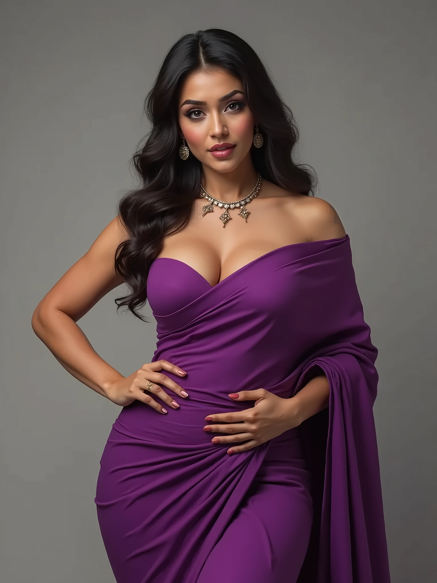 "Create an ultra-realistic image of a modern, attractive female influencer of Indian descent, aged between 27 to 30, waking up in the morning without makeup. She should have a natural, warm, and inviting smile, with expressive almond-shaped eyes and clear, glowing skin with a medium brown complexion. Her features should be well-defined, with high cheekbones and a sharp jawline. Her hair should be styled in a sleek high ponytail with a bit of volume at the crown, showcasing its deep, reddish-purple hue that’s bold yet sophisticated. Her bust size should be extra-large, significantly emphasizing her figure, creating a dramatic and striking appearance. She has a slender yet athletic build, reflecting a healthy and active lifestyle.
She is wearing a mauve one-piece suit with lavender sequin details that highlight her toned figure and accentuate her extra-large bust size. The outfit is completed with stylish black heeled sandals that add elegance to her look. She accessorizes with subtle yet chic jewelry, such as small hoop earrings and a few thin bangles. The background should be a serene lavender field with a soft, pastel sunset, creating a dreamy and sophisticated atmosphere. Her overall appearance should exude confidence, approachability, and sophistication, capturing the essence of a contemporary Indian fashion influencer, even in her natural, makeup-free state."