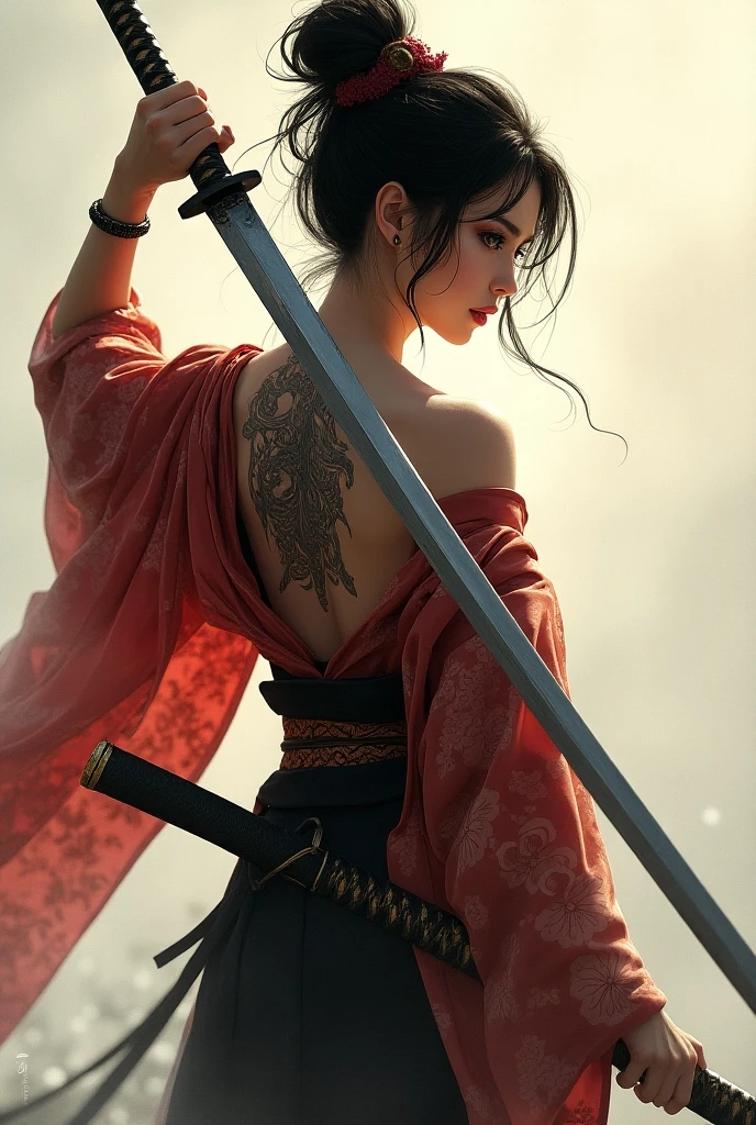 
A woman with a tattoo on her back using kimono and holding katana
