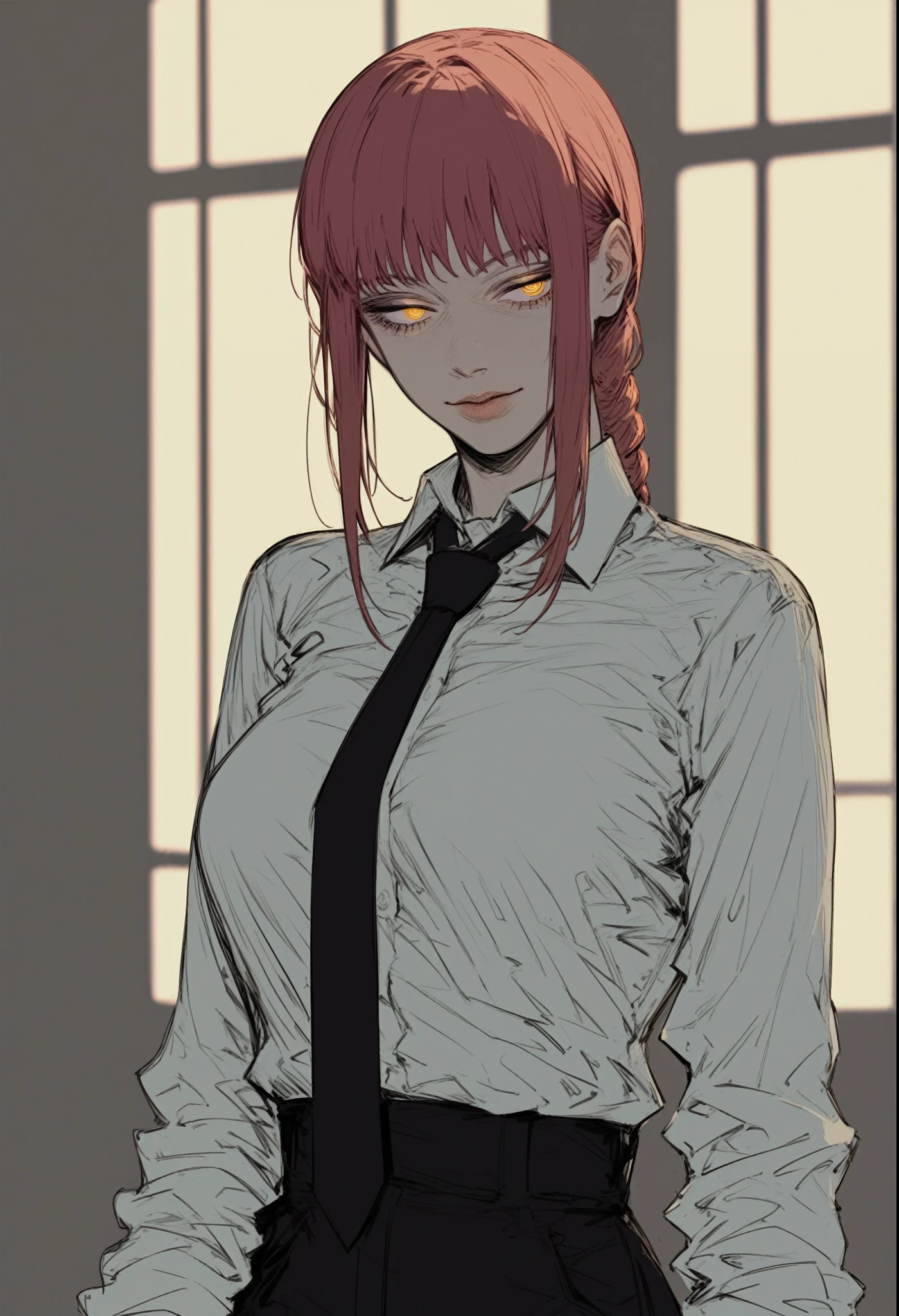 core_9,score_8_up,score_7_up, Taiki_PS, 1girl,adult,tall female,long hair,single braid,yellow eyes, glowing eyes, (half-closed eyes:1.2), medium breasts, standing, pale skin, open white collared shirt, deep cleavage, long sleeves,black trouser,black necktie, cowboy shot, red tone, light leaks,cinematic lighting,deep glow effect,depth of field,makima \(chainsaw man\),