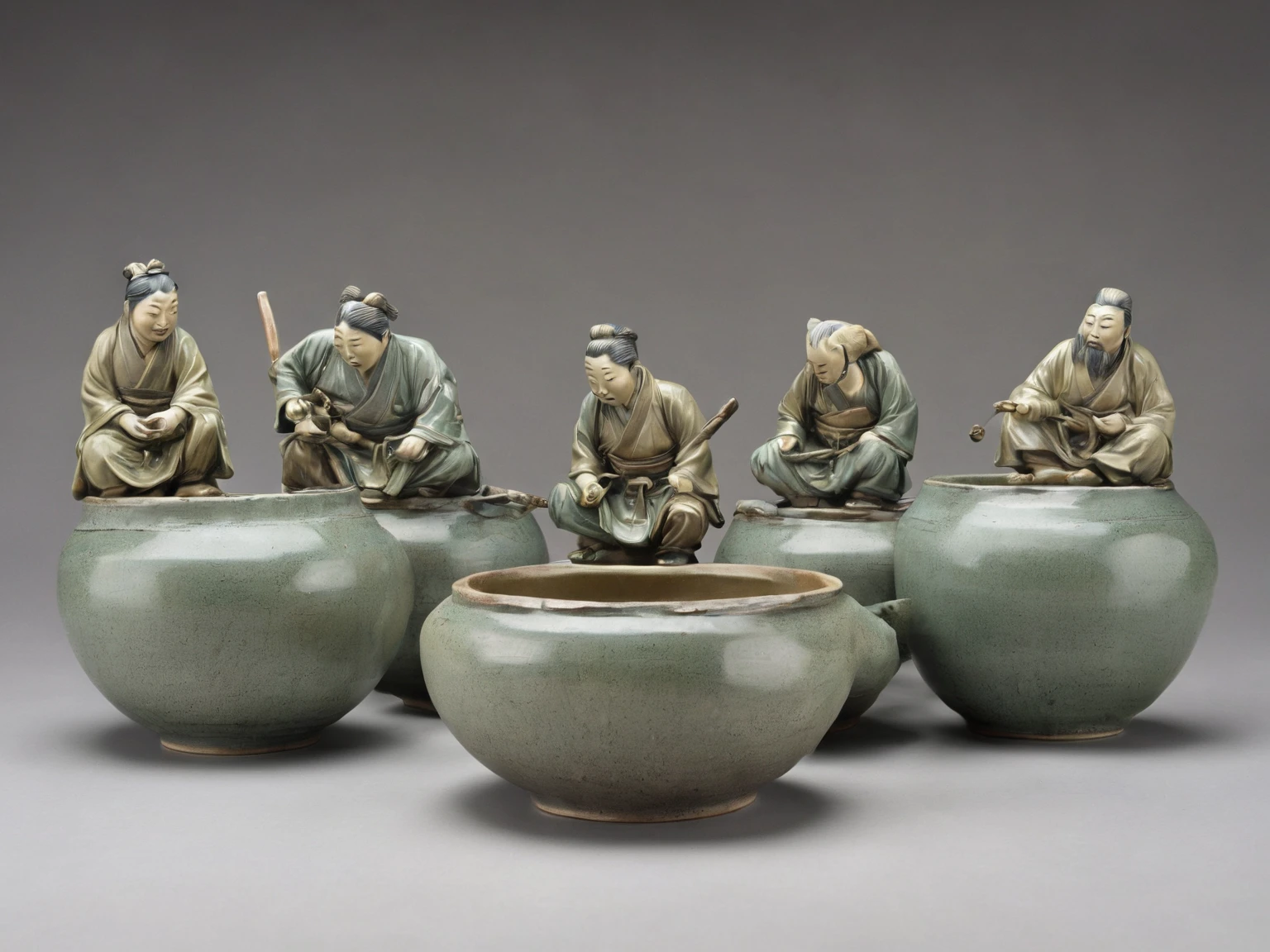  There are lots of figurines of people sitting in bowls, inspired by Shunkōsai Hokushū,  INSPIRED BY KAWANABE Kyosai , Inspired by Ryukosai Jokei, Ukiyo-e and sculpture , Inspired by Hakuoken Eishun, Lower Body - View, or period,A round ceramic pot with detailed, lifelike human figures positioned around the rim. The figures are dressed in varied robes of green, white, and blue, some featuring floral or dot patterns. Each figure leans or climbs on the pot’s edge, their postures conveying interaction with the object. The overall color scheme consists of muted earth tones, and the ceramic has a glossy finish. The background is plain, highlighting the craftsmanship of the ceramic.