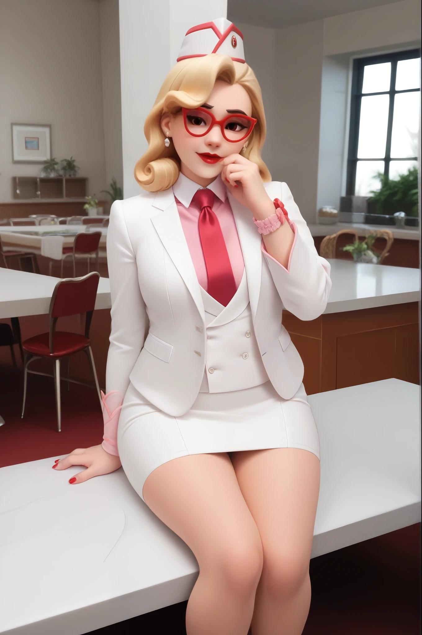 score_9, score_8_up, score_7_up, 1girl, sprinkles mei, mei (overwatch),  three-piece suit, 1girl, solo, blonde hair, glasses, sprinkles mei, smile, pretty, formal, jewelry, (((white skirt suit))), (((red silk necktie))), earrings, (((white jacket))), (((pink shirt with white collar))), sitting on table, (((high heels))), window, watch, jacket, wristwatch, white shirt, red lips, (((white pencil skirt))), (((bodycon pencil skirt))), makeup, black stockings, garter straps, cufflinks, red nails, fully clothed, red lipstick,   in a 50´s restaurant, long sleeves, shiny clothing, tight clothing, (((tight skirt))), silk shirt fabric, hand on cheek, cute