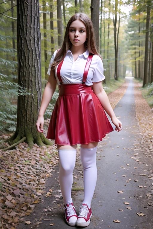   Cute teen beautiful curvy schoolgirl ,  beautiful cute teen face , red leather skater pinafore dress ,  transparent white blouse, short sleeves , brunette long hair,  beautiful eyes. stockings,  Sneakers,  schoolgirl - standing in the woods ,   photorealistic , sad face, skater pinafore, full figure