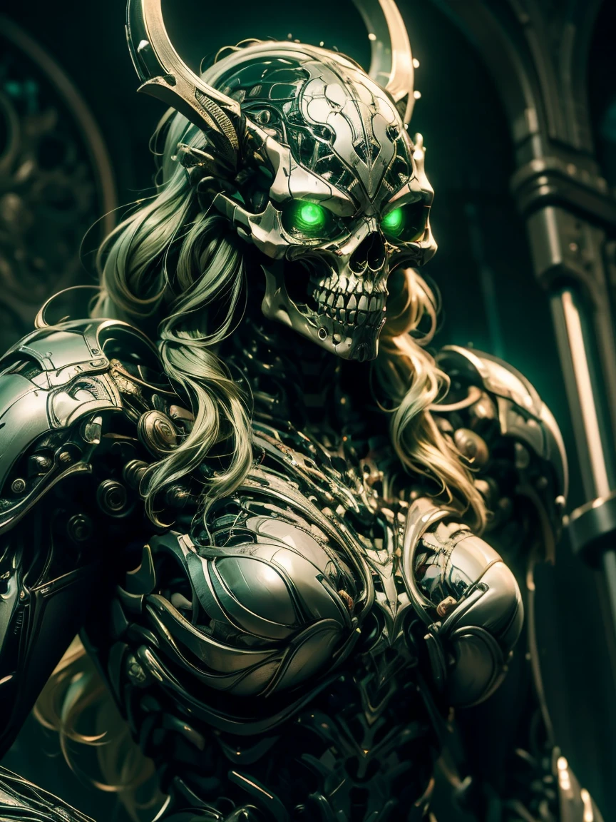 (highly detailed 8k wallpaper), a terrifying female necromancer character, greenish neon eyes ,  armor made of futuristic skeletal skulls in greenish color with black and chrome details, black helmet with two horns , holding in one of his hands a head , intricate,  High level of , Dramatic,