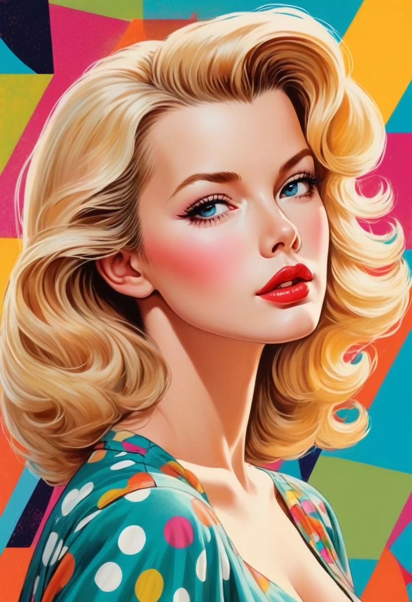 American Pop Art、Blonde beauty、1950s、Manga Style、colorful、Face seen from an angle、The background is dots, (Kim Basinger style) wearing a dress ,vintage,  