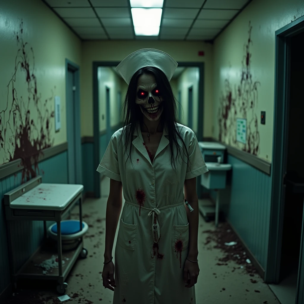 Nurse appearance、Women with large breasts, h. p. Lovecraft、Hellraiser、God of Cthulhu 、Translucent skin, ((drooping teeth)),Visible veins under the skin, Dark, onimous、Abandoned hospitals、Hospital Room、Messy floor