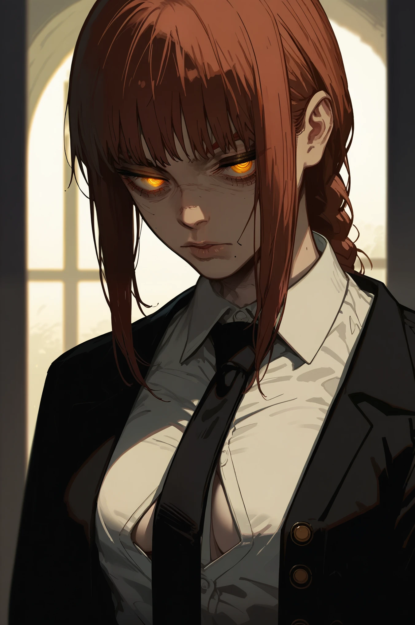 score_9,score_8_up,score_7_up, Taiki_PS, 1girl,adult,tall female,long hair,single braid,yellow eyes, glowing eyes, (half-closed eyes:1.2), medium breasts, standing, pale skin, white collared shirt, unbuttoned, deep cleavage, long sleeves,black trouser,black necktie, cowboy shot, red tone, light leaks,cinematic lighting,deep glow effect,depth of field,makima \(chainsaw man\),
