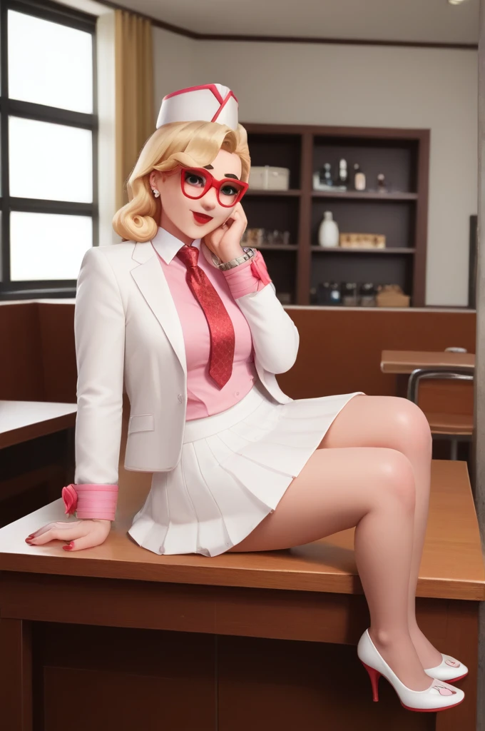 score_9, score_8_up, score_7_up, 1girl, sprinkles mei, mei (overwatch),  three-piece suit, 1girl, solo, blonde hair, glasses, sprinkles mei, smile, pretty, formal, jewelry, (((white skirt suit))), (((red silk necktie))), earrings, (((white jacket))), (((pink shirt with white collar))), sitting on table, (((high heels))), window, watch, jacket, wristwatch, red lips, (((red shiny pencil skirt))), (((bodycon pencil skirt))), makeup, black stockings, garter straps, cufflinks, red nails, fully clothed, red lipstick,   in a 50´s restaurant, long sleeves, shiny clothing, tight clothing, (((tight skirt))), silk shirt fabric, hand on cheek, cute