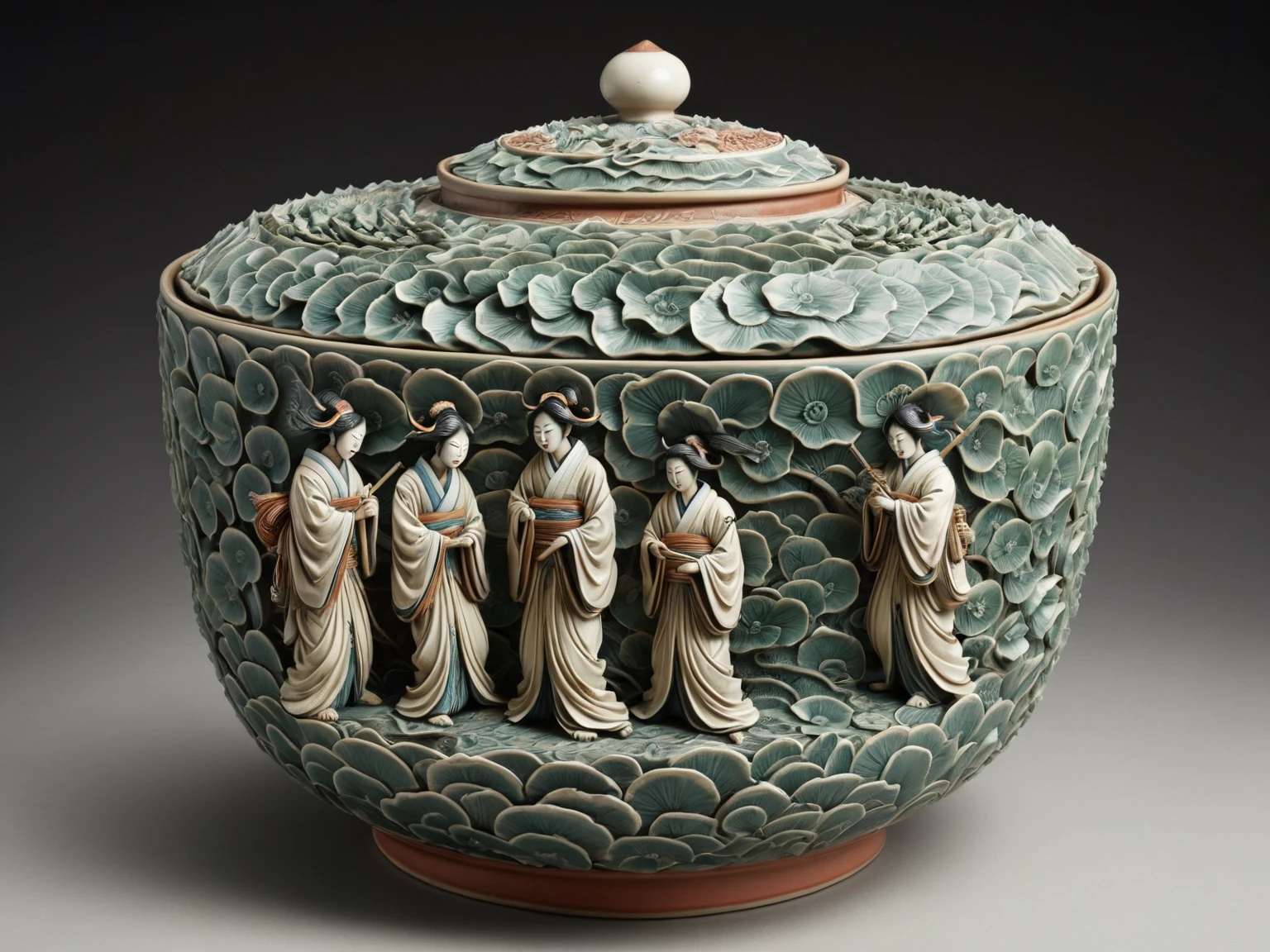  inspired by Shunkōsai Hokushū,  INSPIRED BY KAWANABE Kyosai , Inspired by Ryukosai Jokei, Ukiyo-e and sculpture , Inspired by Hakuoken Eishun,A round ceramic pot with detailed, lifelike human figures positioned around the rim. The figures are dressed in varied robes of green, white, and blue, some featuring floral or dot patterns. Each figure leans or climbs on the pot’s edge, their postures conveying interaction with the object. The overall color scheme consists of muted earth tones, and the ceramic has a glossy finish. The background is plain, highlighting the craftsmanship of the ceramic