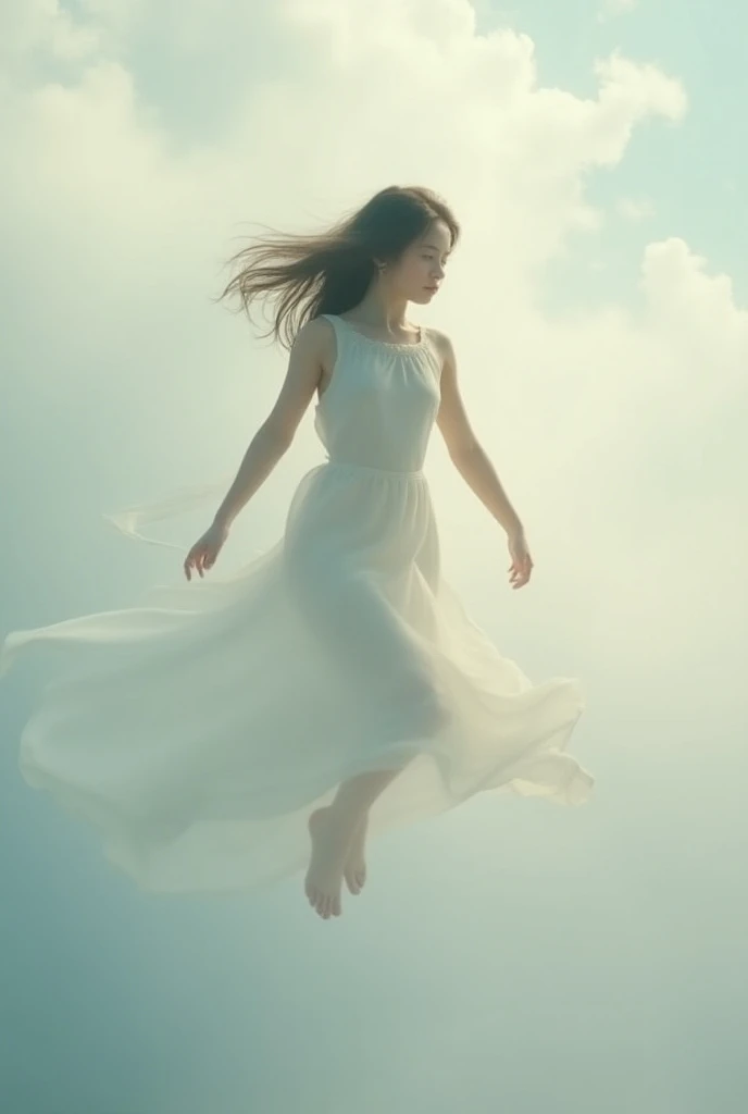 Make an image of a human from the front ascending to the sky as if floating
