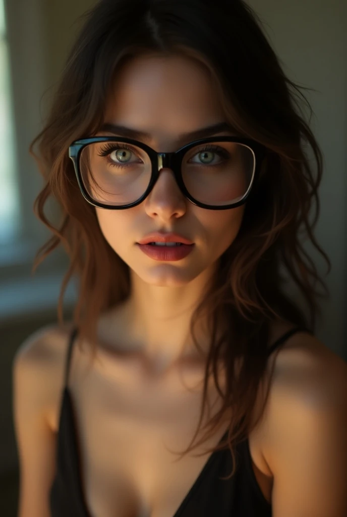 ((best quality: 1.5)) ((masterpiece)), intricate details, soft focus, professional, real life, realistic representation of the face, dim volumetric lighting, dynamic pose, in the style of realistic and hyper detailed renderings BREAK pale skin, (super thin hair),(ultra soft hair),(ultra straight hair:1.5),Swept long bangs,black,Hair over one eye,blue eyes, glasses,
black, straight and silky defined hair
determined expression), freckles:0.8), photorealistic, hyper-realistic, 8K