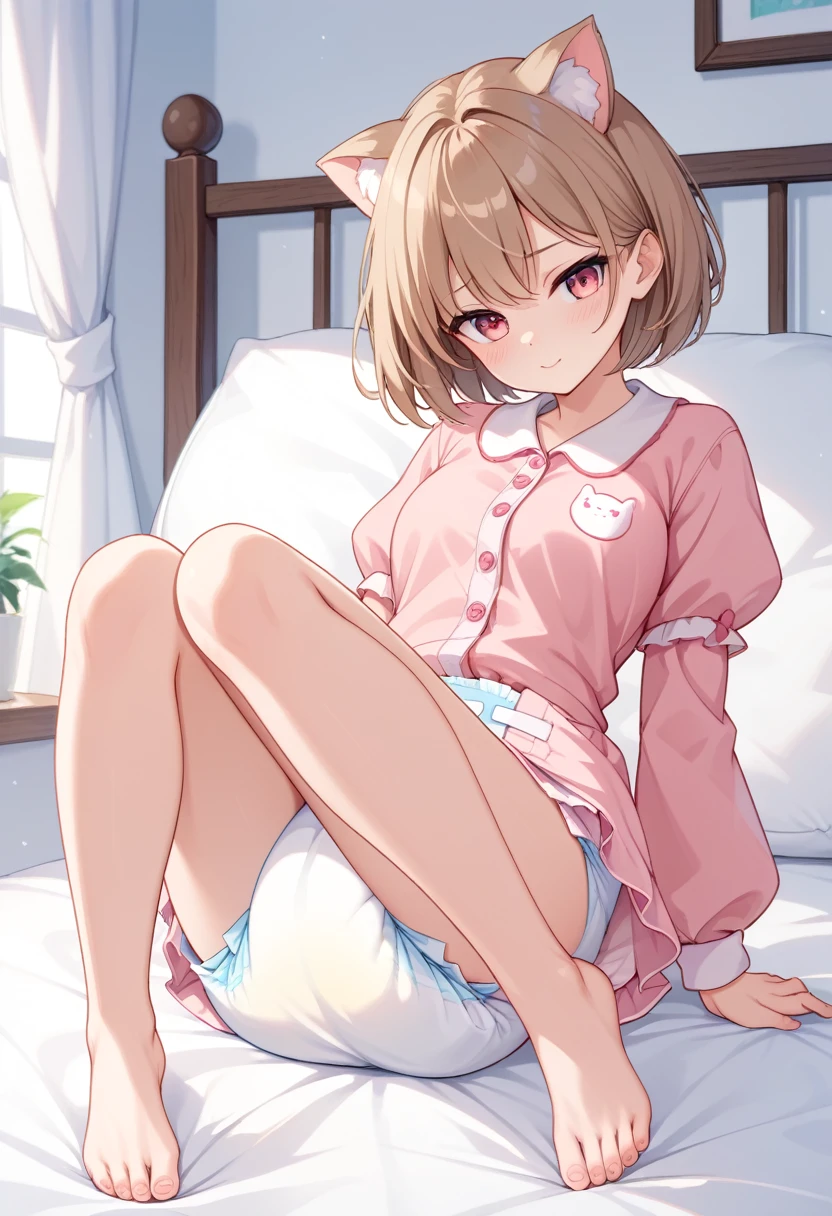 female、High image quality、Brown short hair、Sitting on a bed、pink pajamas、puff sleeves 、diaper 