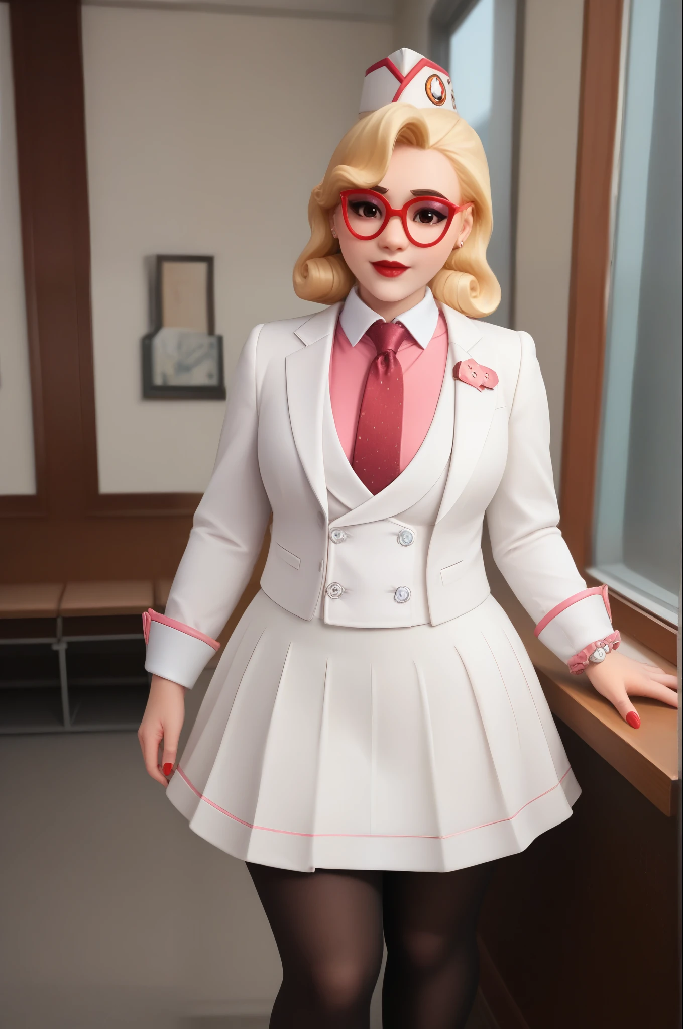 score_9, score_8_up, score_7_up, 1girl, sprinkles mei, mei (overwatch),  three-piece suit, 1girl, solo, blonde hair, glasses, sprinkles mei, smile, pretty, formal, jewelry, (((white skirt suit))), (((red silk necktie))), earrings, (((white jacket))), (((pink shirt with white collar))), standing, window, watch, jacket, wristwatch, white shirt, red lips, (((white pencil skirt))), (((bodycon pencil skirt))), makeup, black stockings, garter straps, cufflinks, red nails, fully clothed, red lipstick,   in a 50´s restaurant, long sleeves, shiny clothing, tight clothing, (((tight skirt))), silk shirt fabric, hand on waist, holding ice cream, cute