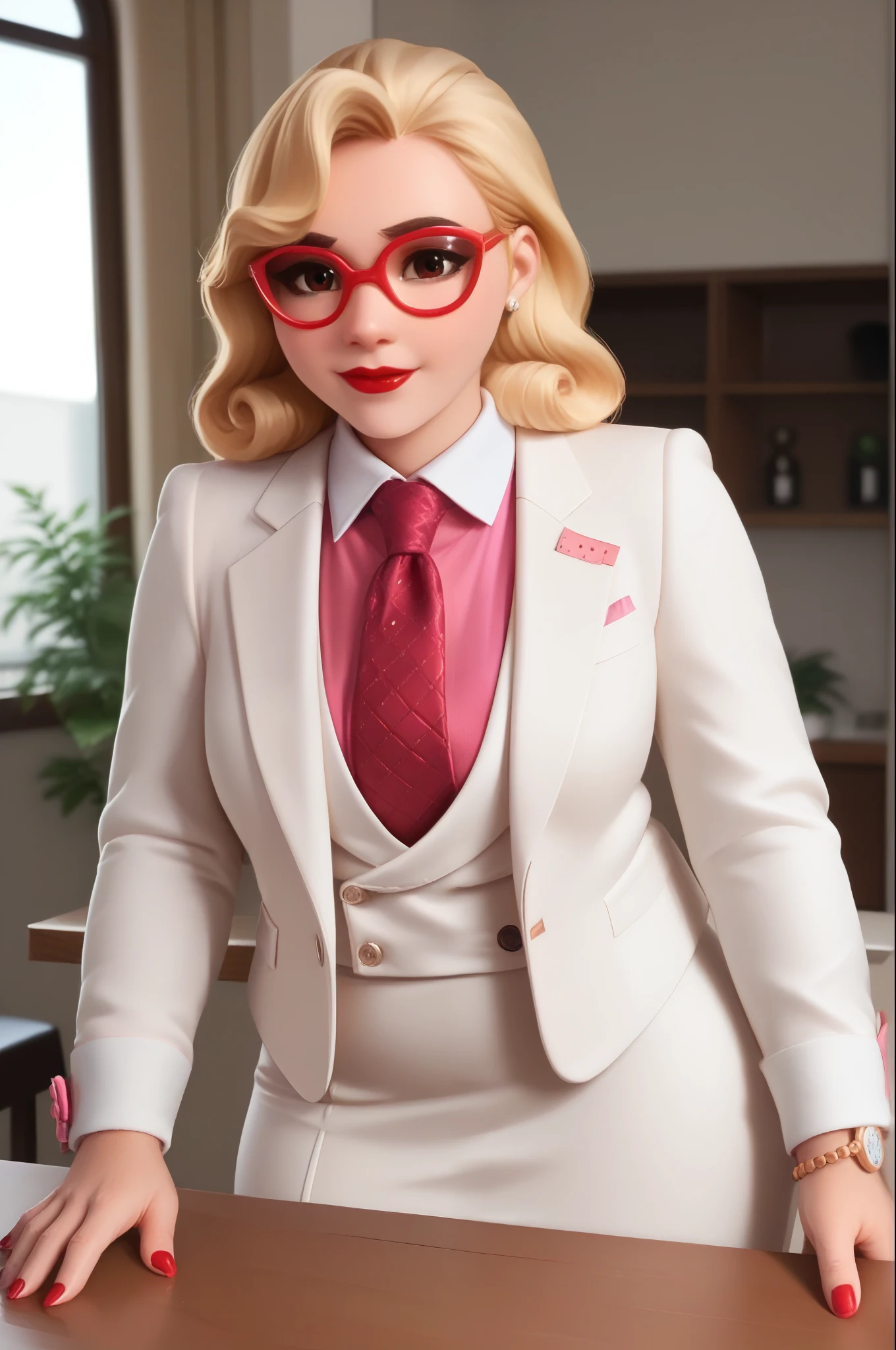 score_9, score_8_up, score_7_up, 1girl, sprinkles mei, mei (overwatch),  three-piece suit, 1girl, solo, blonde hair, glasses, sprinkles mei, smile, pretty, formal, jewelry, (((white skirt suit))), (((red silk necktie))), earrings, (((white jacket))), (((pink shirt with white collar))), sitting on table, (((high heels))), window, watch, jacket, wristwatch, red lips, (((red shiny pencil skirt))), (((bodycon pencil skirt))), makeup, black stockings, garter straps, cufflinks, red nails, fully clothed, red lipstick,   in a 50´s restaurant, long sleeves, shiny clothing, tight clothing, (((tight skirt))), silk shirt fabric, hand on cheek, cute