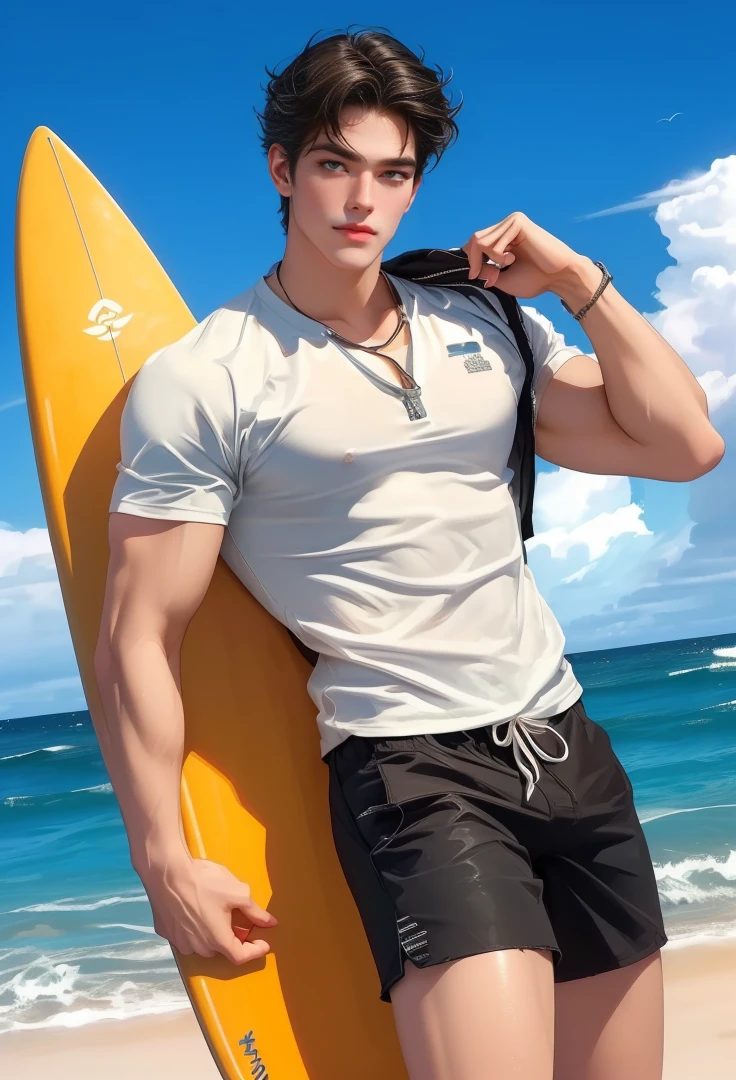 A handsome 20 years old man, muscular and slim, model , washed ashore, found lying on the seashore unconcious, eyes are closed and in pain, sexy and toned body, wet ripped shirt, exposed perfect shaped penis, full body, 