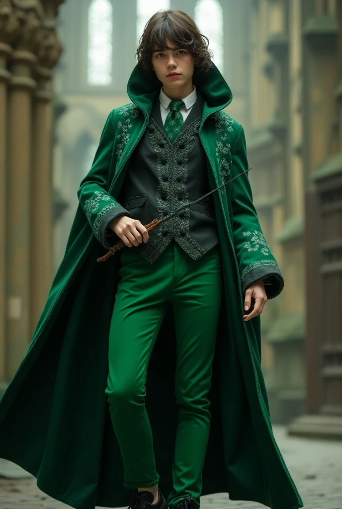 Age 11, sharp features, raven hair, green eyes, masculine, big build, slytherin