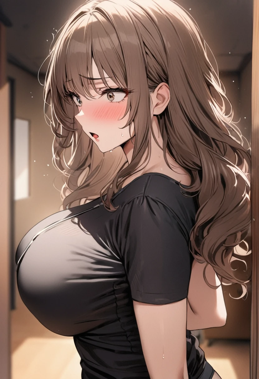 (( best quality)), ((masterpiece)), ( Details), (1 girl), sexy,  with bright brown hair and a 120cm bust,  wavy hair ,  mature women, Watery-eyed mother, living, Scream in anger, black top in casual fashion, Blushing and glaring, Rocket Boobs