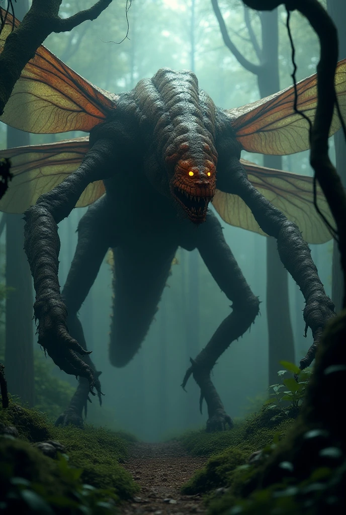 a humanoid demon moth, with a hideous appearance and deformed, yellowish teeth, without eyes.