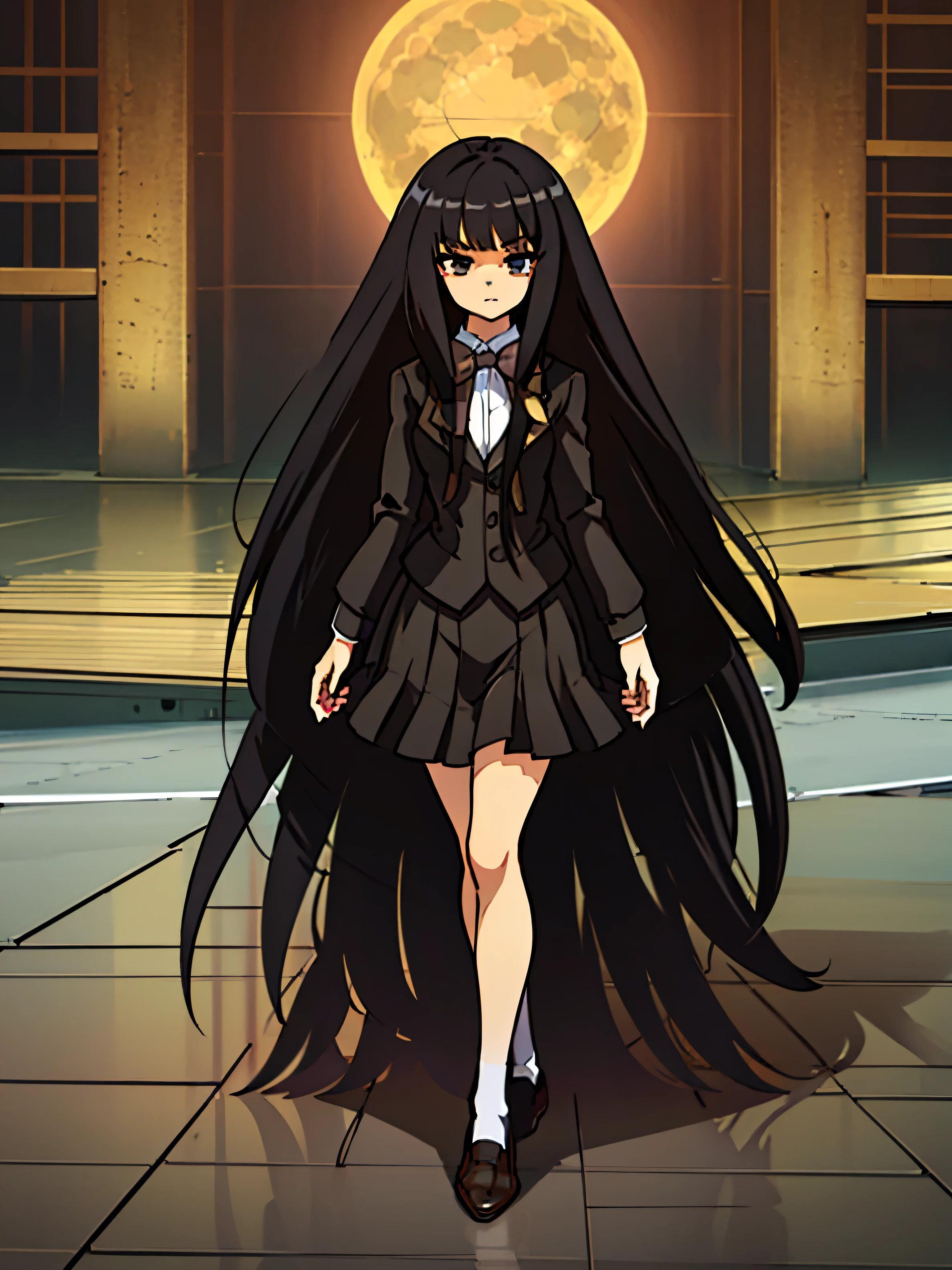 Beautiful girl, gorgeous long black hair, dark eyes, best quality, highres:1.2 wearing a brown blazer, winter school uniform, dark brown ribbon, looking at the viewer with a stern expression on a moon night, anime style, intricate details, line:-3, hyper detailed, sharpen, 4k, plain, masterpiece, intense gaze, full eyelashes, (black penny loafers), (black stockings), black skirt,